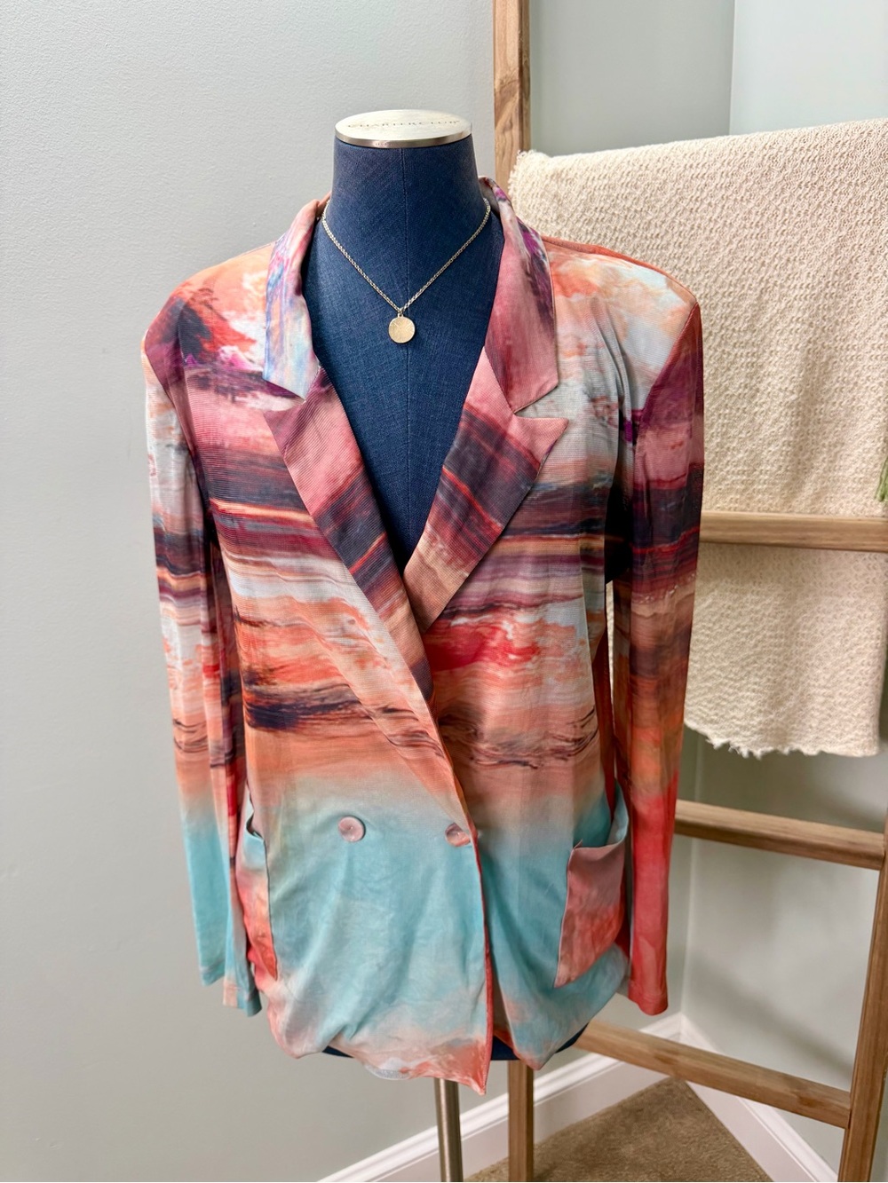 Beulah Multi-Color Sunset Canyon Landscape Printed Sheer Mesh Blazer Size Large